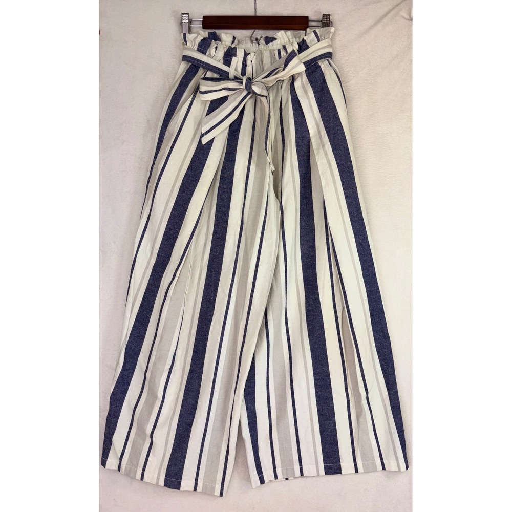 RAY BEAMS Flax Wide Leg Womens Pant Trouser Japan Designer Tie Striped White 0
